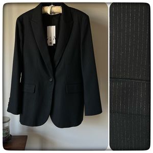 ZARA Pinstriped Long Blazer in  Dark Blue